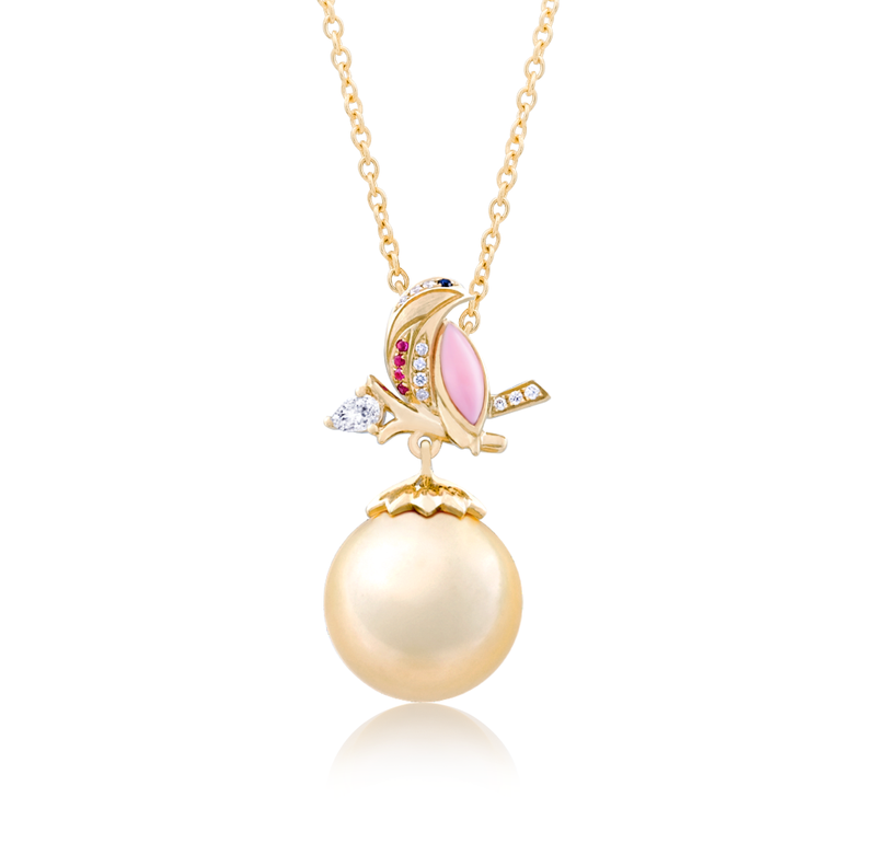 ROBIN - Halskette mit Diamant, Rosa Muschel und goldener Perle
