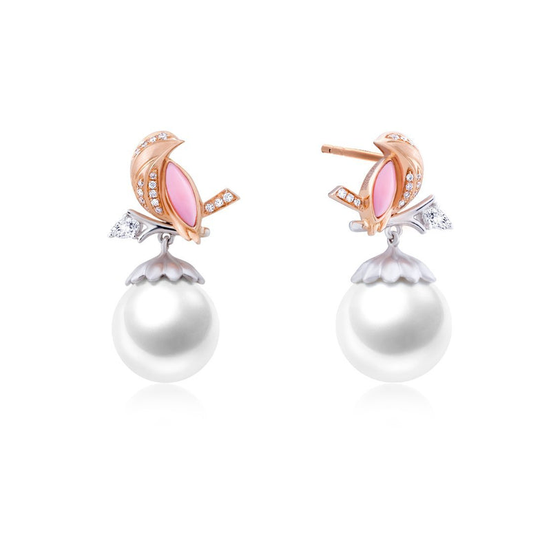 Diamond, Pink Conch Shell and Pearl Earrings