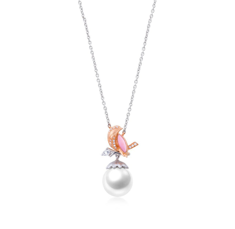 ROBIN - Diamond, Pink Conch Shell and Pearl Necklace